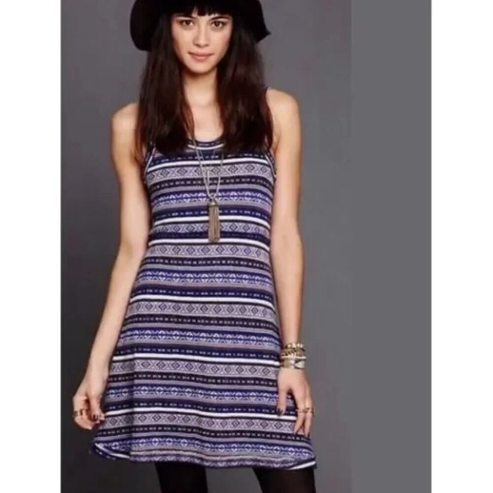 Free People Fair Isle Knit Sweater Dress Wool Blend Mini Sleeveless Blue Gray‎ S